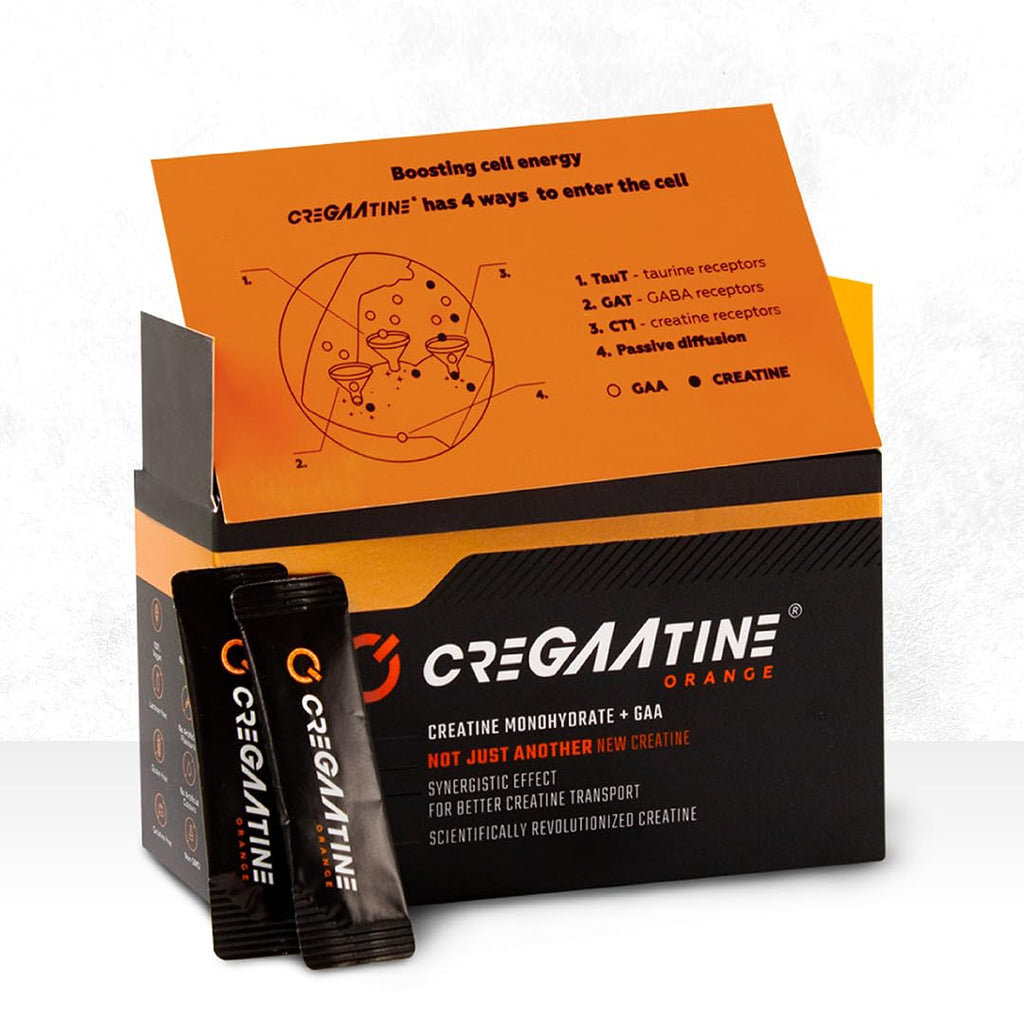 CreGAAtine Micronized Creatine Monohydrate + GAA | Increase Strength, No Water Retention | Boosts Memory & Focus | Single-Serve Packets | 60 Sachets, 30 Servings | (Sachets, Orange) CreGAAtine Au supplements
