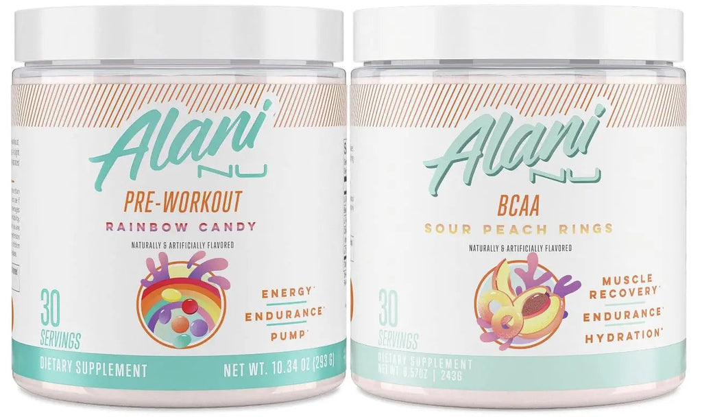 Alani Nu Rainbow Candy Pre Workout and BCAA Sour Peach Rings Post Workout Powder Alani Nu Au supplements