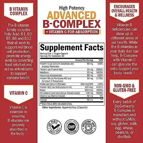 Vitamin B Complex with Vitamin C for Maximum Absorption - Methylcobalamin b12 BioSchwartz Au supplements
