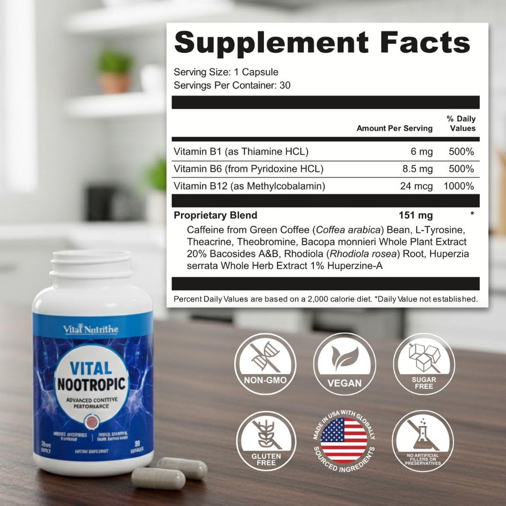 Vital Nootropic 12-in-1 Brain Supplement for Memory, Focus & Energy Support – L-Tyrosine, Bacopa, Rhodiola, Caffeine, B Vitamins – Cognitive Balance Capsules for Men & Women-30 Days Supply VITAL NUTRITIVE Au supplements
