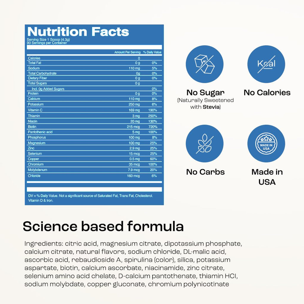 KEY NUTRIENTS Multivitamin Electrolytes Powder No Sugar - Sweet Blue Raspberry Electrolyte Powder - Endurance & Energy Supplement - Hydration Powder