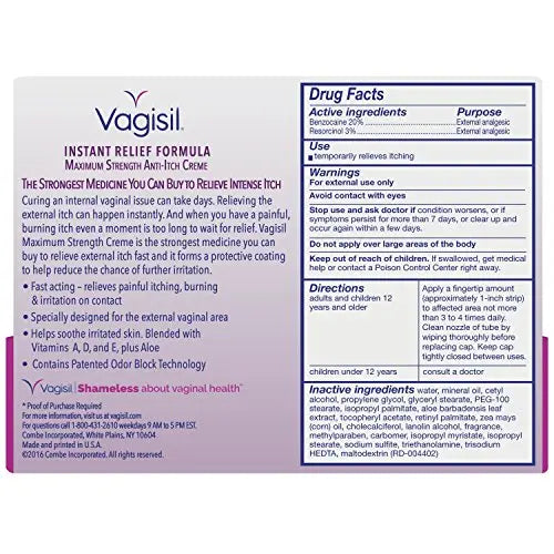 Vagisil Maximum Strength Feminine Anti-Itch Cream with Benzocaine for Women, Helps Relieve Yeast Vagisil Au supplements