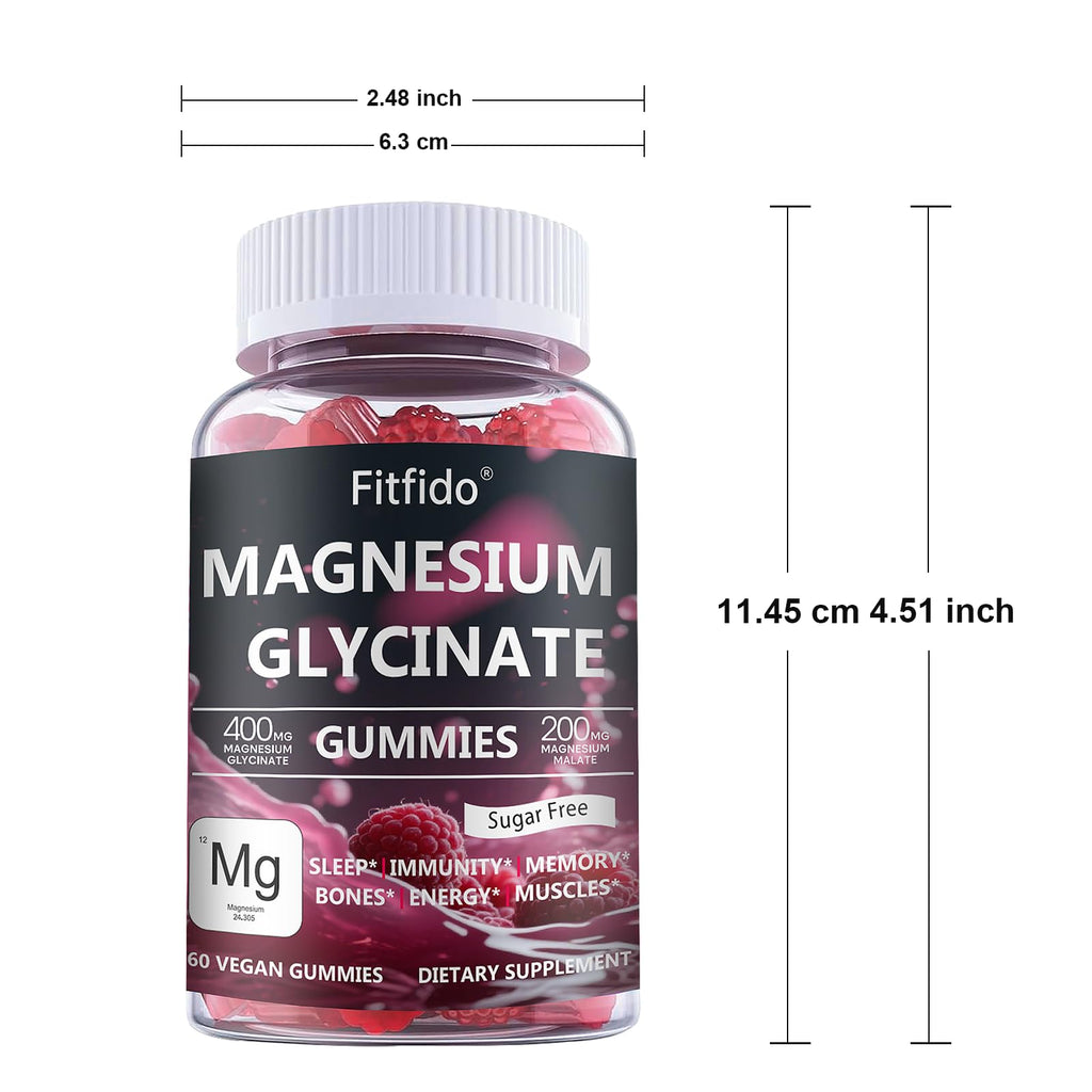 Magnesium Glycinate Gummies 400mg, Chewable Sugar Free Magnesium Supplement with Magnesium Glycinate, Magnesium Malate and Protein for Sleep, Relaxation, Brain & Muscle - Vegan (60 Count, Raspberry) Fitfido Au supplements