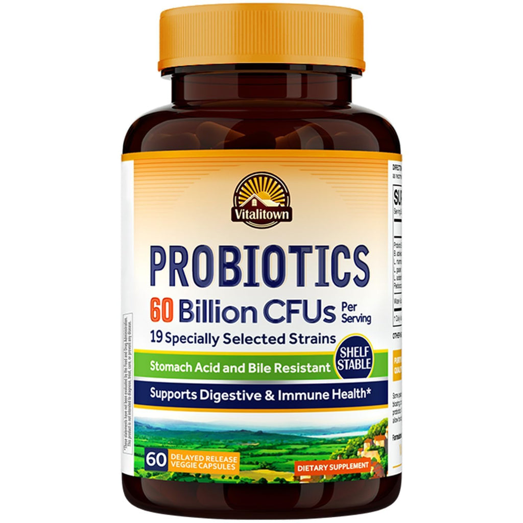 Vitalitown Probiotics + Prebiotics | 60 Billion CFUs 19 Strains | 60 Delayed Release Veg Caps | Shelf Stable, Prebiotics and Probiotics | Digestive Health