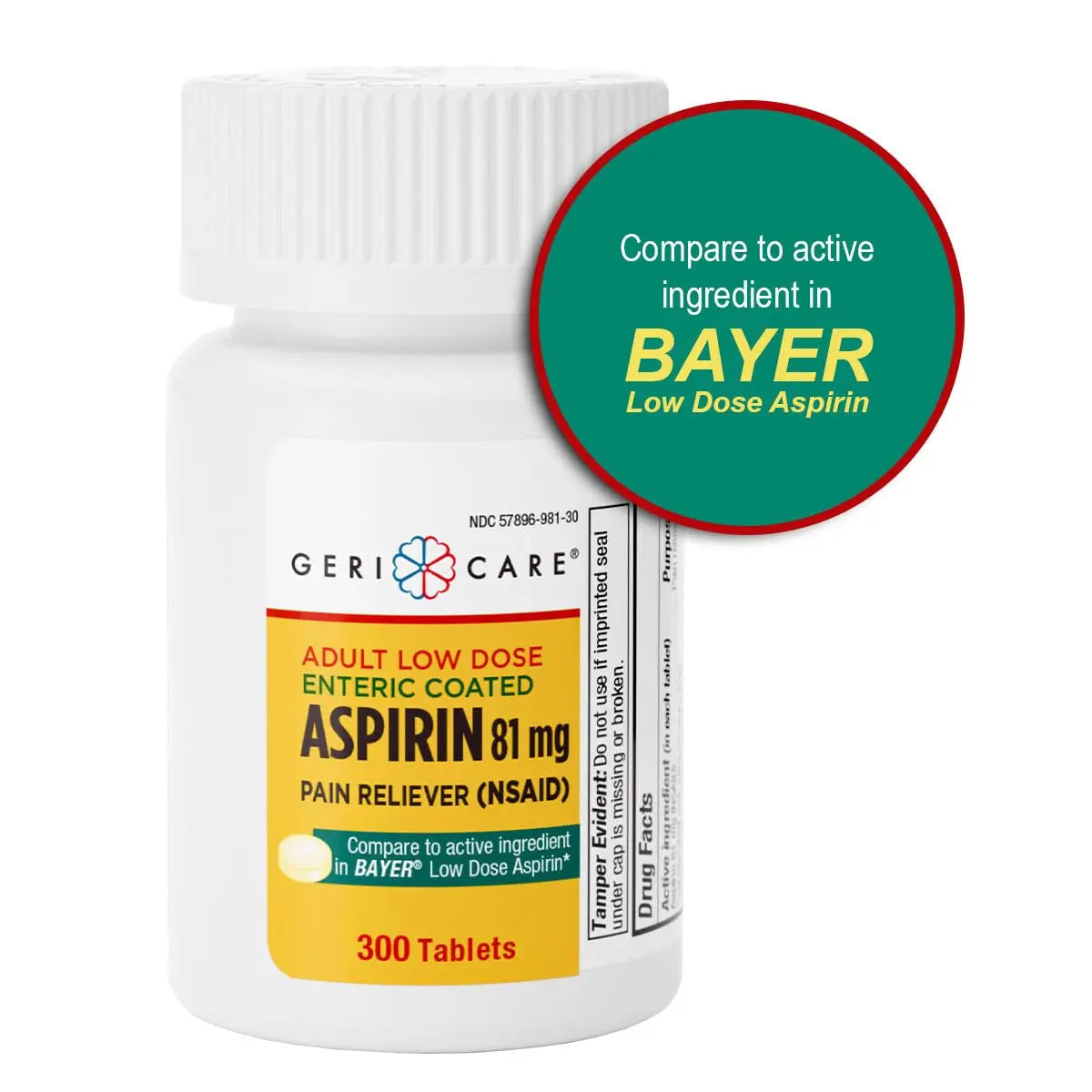 GeriCare Aspirin 81mg Adult Low Dose, Pain Reliever - Enteric Coated Tablets for Enhanced Absorption and Gentle Digestion – Supports Blood Flow, Reduces Inflammation, 300 Count (Pack of 1) GeriCare Au supplements