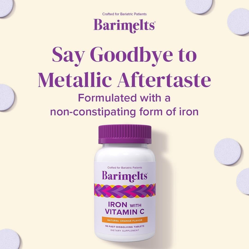 Barimelts Iron with Vitamin C, 90 Fast-Dissolving Tablets (1-Month Supply), Sugar-Free Bariatric Iron Supplement for Women, Natural Orange Flavor