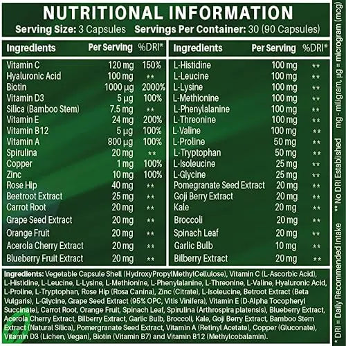 Vegan Collagen Supplement For Skin, Hair, Nails, Joints & Bones with Hyaluronic Acid, Biotin, Lysine, Bamboo Silica, Zinc, Vitamin C, D3, B12, E NUTRABYTES Au supplements