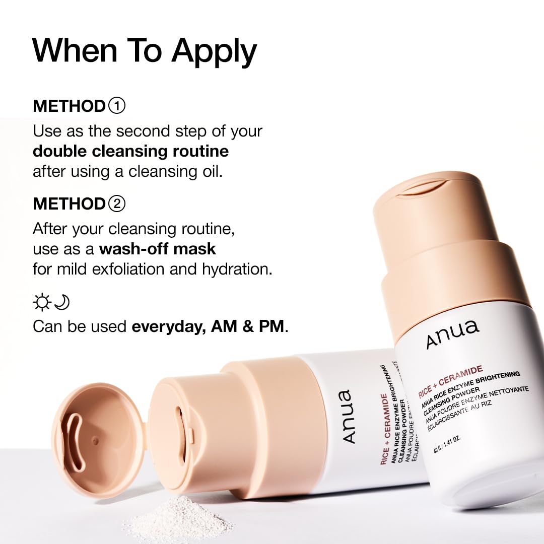 ANUA Rice Enzyme Brightening Cleansing Powder, Exfoliating Powder-to-Foam Cleanser, Smooth Texture & Clarity