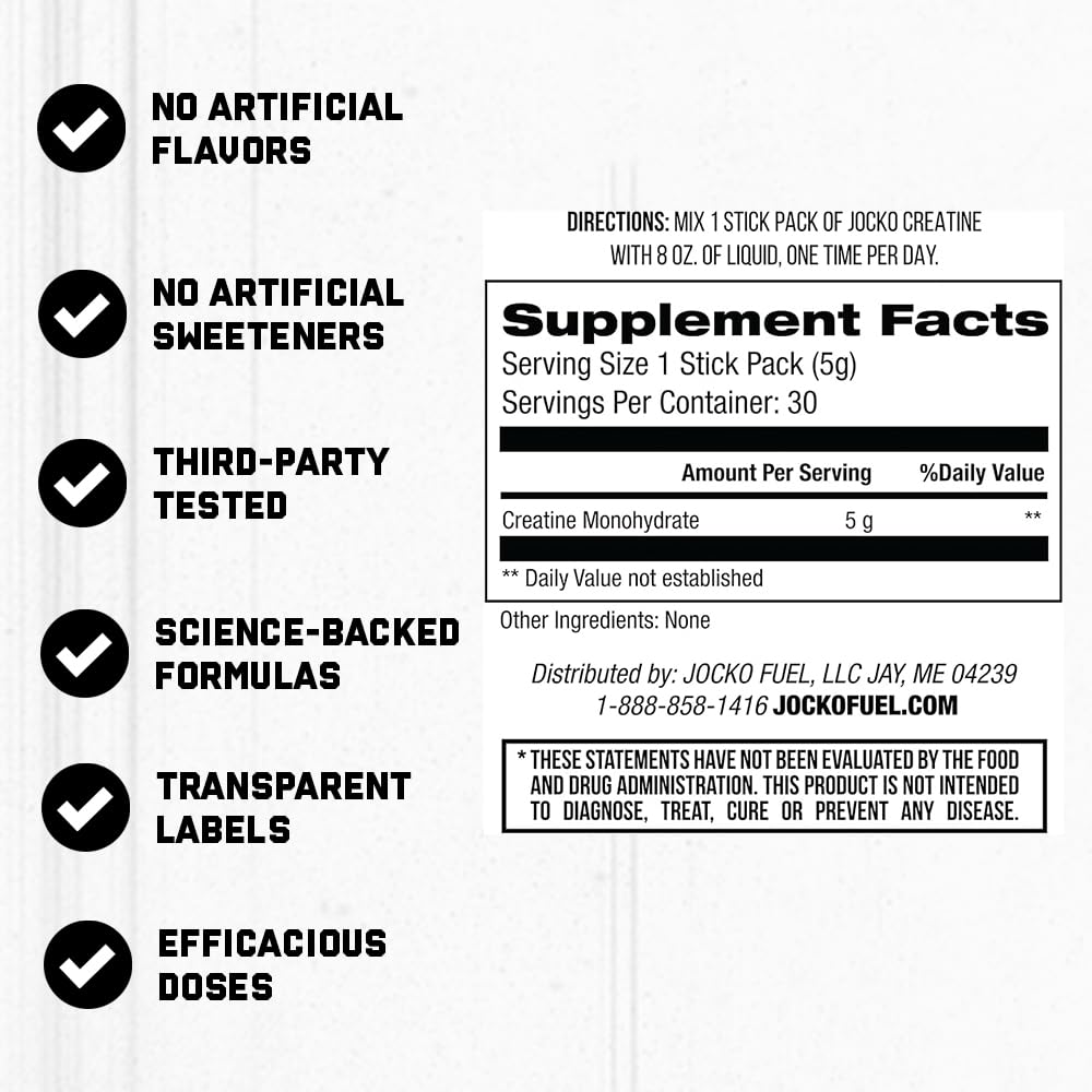 Jocko Fuel Creatine Monohydrate Stick Packs - Pure Micronized Travel Size Powders for Men & Women, Supports Muscle Growth, Strength, Recovery & Cognition,
