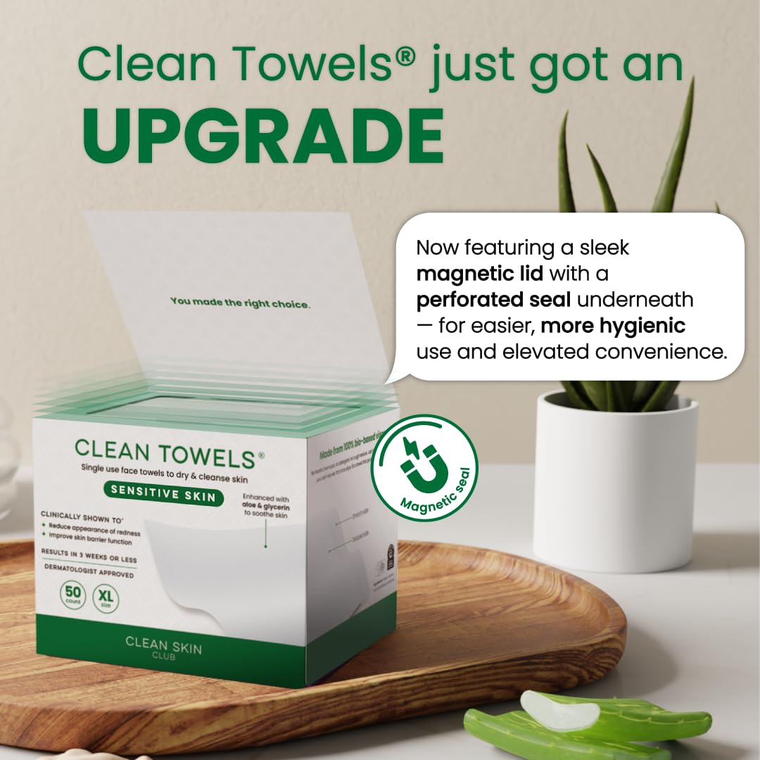 CLEAN SKIN CLUB Sensitive Skin Clean Towels® XL, Ultra-Soft Disposable Face Dry Wipes Infused with Aloe & Glycerin