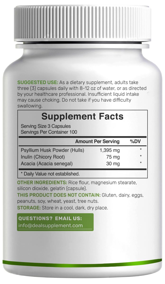 Psyllium Husk 1500mg Per Serving, 300 Capsules – 3 in 1 Fiber Supplement with Inulin & Acacia Complex – Natural Soluble Fiber