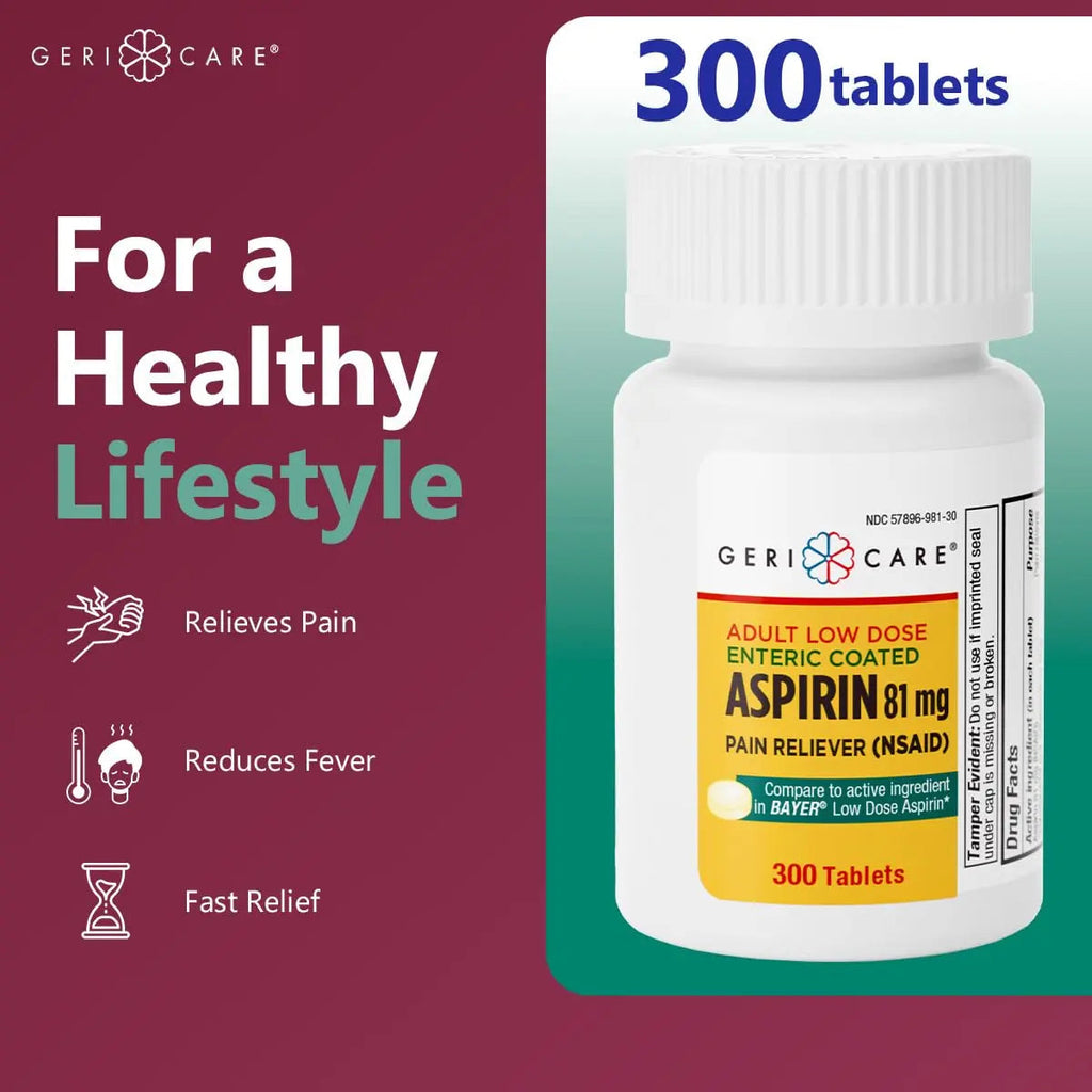 GeriCare Aspirin 81mg Adult Low Dose, Pain Reliever - Enteric Coated Tablets for Enhanced Absorption and Gentle Digestion – Supports Blood Flow, Reduces Inflammation, 300 Count (Pack of 1) GeriCare Au supplements
