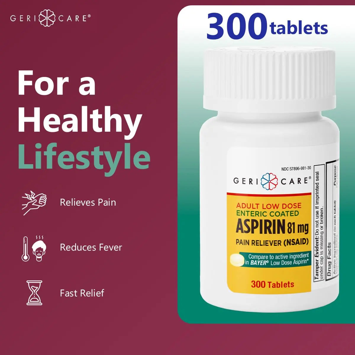 GeriCare Aspirin 81mg Adult Low Dose, Pain Reliever - Enteric Coated Tablets for Enhanced Absorption and Gentle Digestion – Supports Blood Flow, Reduces Inflammation, 300 Count (Pack of 1) GeriCare Au supplements
