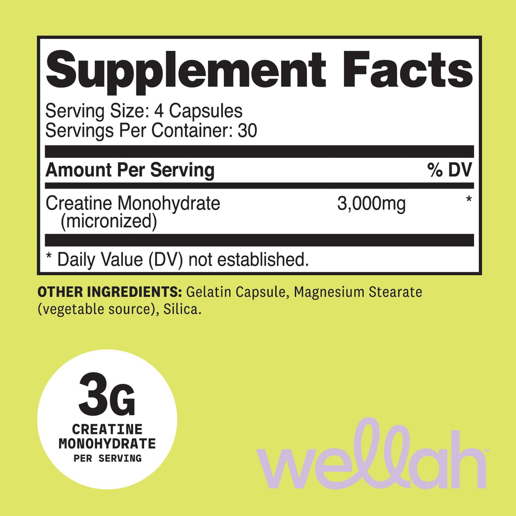Wellah Creatine Monohydrate Capsules (3000 mg) 120 Capsules - Micronized Creatine, 30 Servings