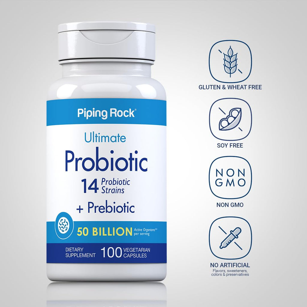 Piping Rock Probiotic and Prebiotic for Women and Men | 50 Billion CFU | 100 Capsules | Ultimate 14 Strain Supplement | Vegetarian, Non-GMO, Gluten Free