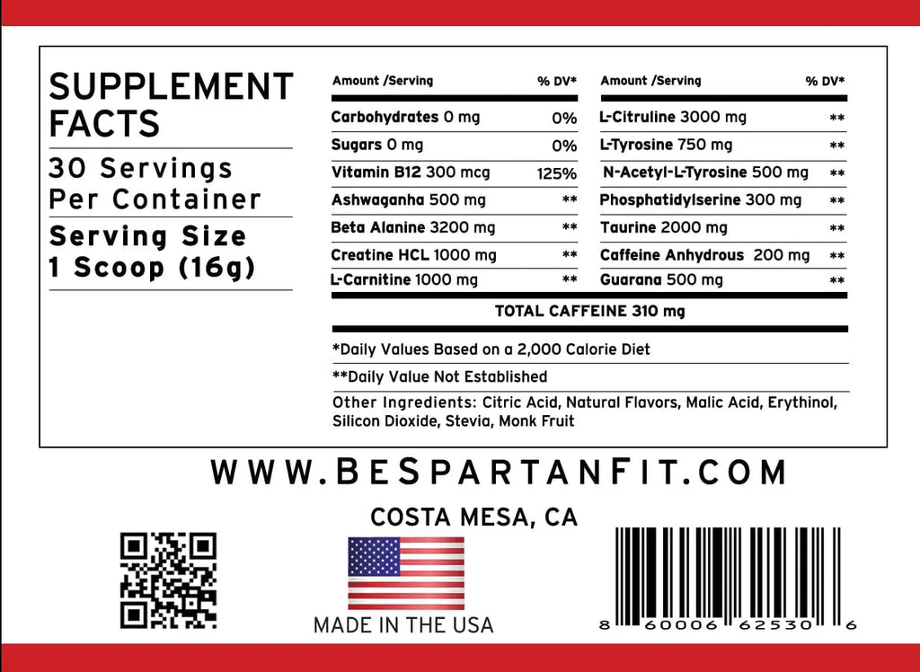 Spartan Fit Nutrition Pre-Workout Powder -Berry Flavor with Full Serving of Creatine +310mg Generic Au supplements