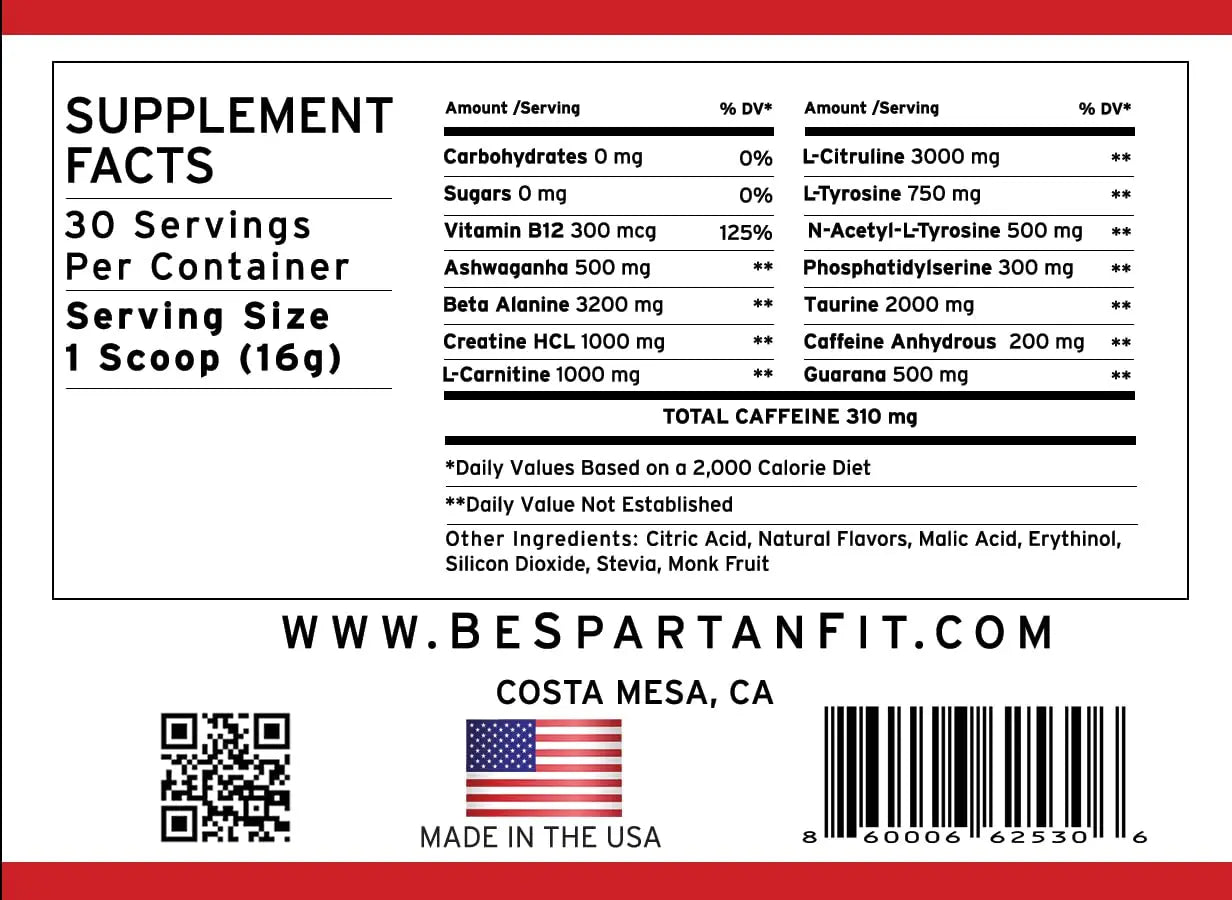 Spartan Fit Nutrition Pre-Workout Powder -Berry Flavor with Full Serving of Creatine +310mg Generic Au supplements