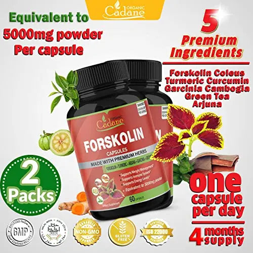 2 Packs Organic Forskolin Supplements Capsules 5000mg with Turmeric, Arjuna, Garcinia Cambogia Organic Cadane Au supplements