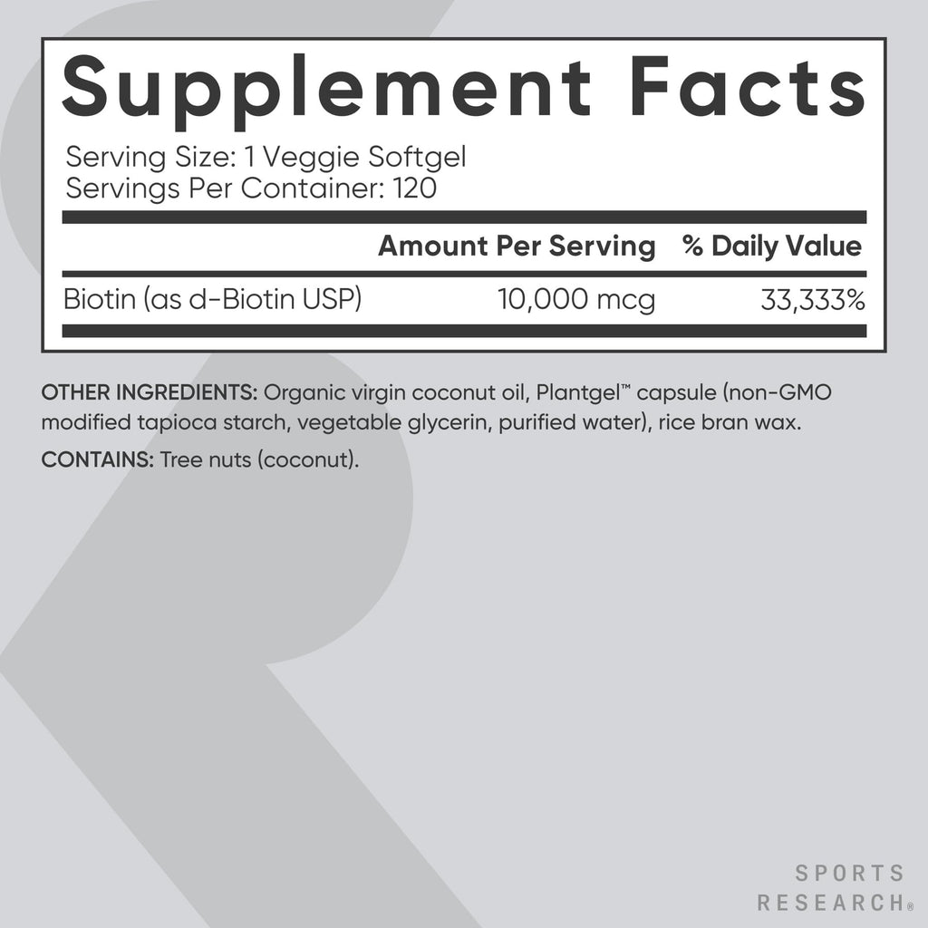 Sports Research® Biotin 10,000mcg with Organic Coconut Oil - Biotin (Vitamin B7) for Healthy Skin and Hair Support* - for Women and Men - Vegan, Non-GMO