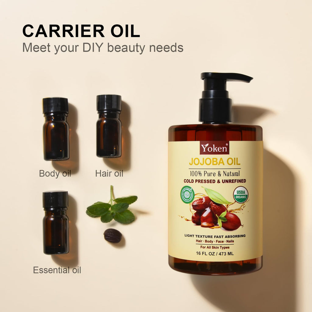 Yoken Pure Jojoba Oil Organic USDA Certified 16 fl oz, 100% Natural Jojoba Oil for Hair