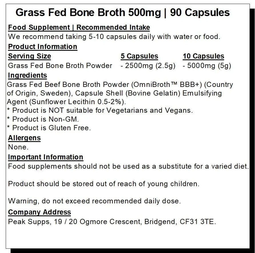 Grass fed Beef Bone Broth 500mg- 90 Capsules - Rich in Type 1 & 3 Collagen Peak Supps Au supplements