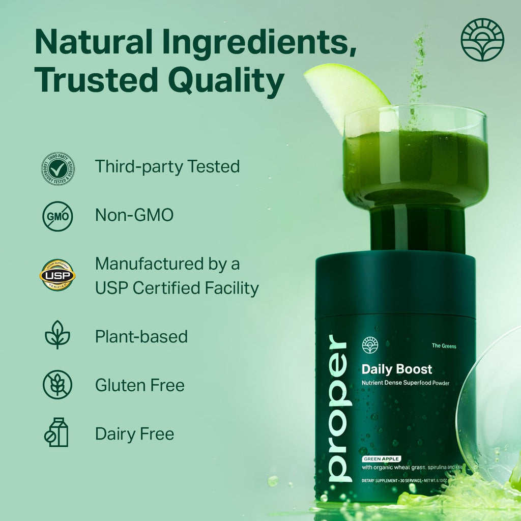 Proper, The Greens Daily Boost Organic Greens Powder. Whole Food, Apple Flavour Veggie Powder Superfood with Wheatgrass, Spirulina, Chlorella, Probiotics.