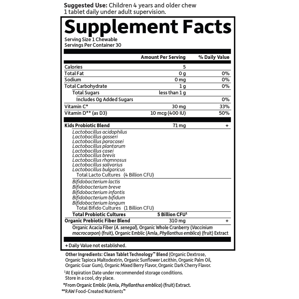 Garden of Life Dr. Formulated Probiotics Organic Kids+ plus Vitamin C & D - Berry Cherry - Gluten, Dairy & Soy Free Immune & Digestive Health Supplement