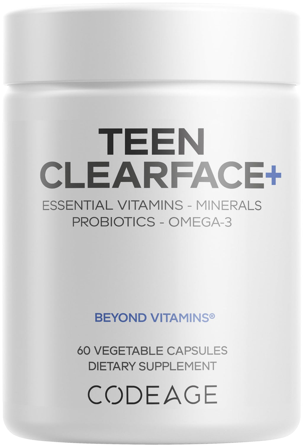 Codeage Teen Clearface Adolescent Face, Skin & Pimples, Vitamins A, C, D3, E, Pantothenic Acid, Niacin, Zinc Supplement Teenagers, Probiotics, L-Lysine, Omega-3, Oily Skin, Pores, Spots - 60 Capsules Codeage Au supplements