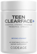 Codeage Teen Clearface Adolescent Face, Skin & Pimples, Vitamins A, C, D3, E, Pantothenic Acid, Niacin, Zinc Supplement Teenagers, Probiotics, L-Lysine, Omega-3, Oily Skin, Pores, Spots - 60 Capsules Codeage Au supplements