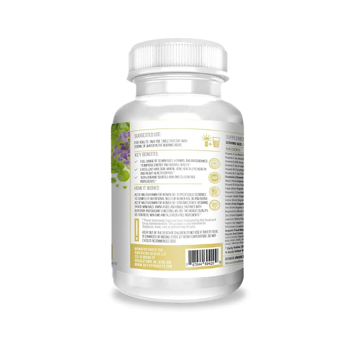 Actif Organic Multivitamin for Women Age 30+ with 30 Organic Vitamins and Organic Herbs, Non-GMO, Made in USA, 2-Month Supply ACTIF Au supplements