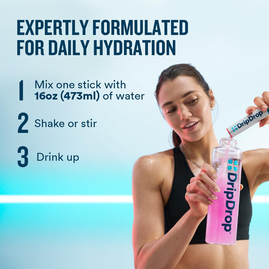 DripDrop Zero Sugar Plus - Sugar Free Hydration Packets - Single Serve Electrolytes Powder Drink Mix - Strawberry Kiwi, Peach, Cherry Limeade, Wild Berry