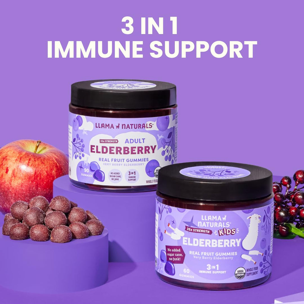 Llama Naturals Elderberry Gummies for Kids, Vegan, Organic Immune Support Supplement with Vitamin C and Zinc, Toddler Real Fruit Gummy Vitamins for Immunity