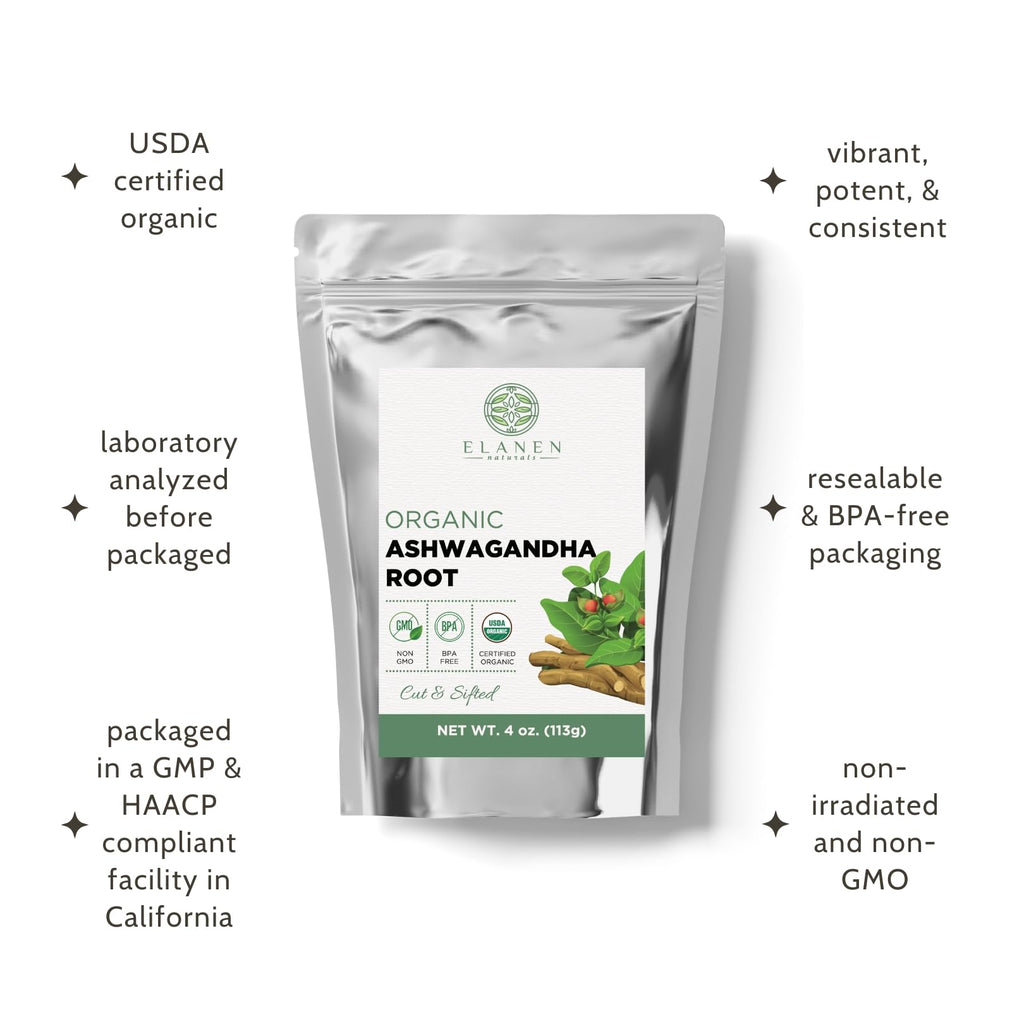 Elanen Naturals Organic Ashwagandha Root 4 oz. (113g), USDA Certified Organic Ashwagandha Root Loose Leaf Tea, Dried Withania somnifera, Cut & Sifted Elanen Naturals Au supplements