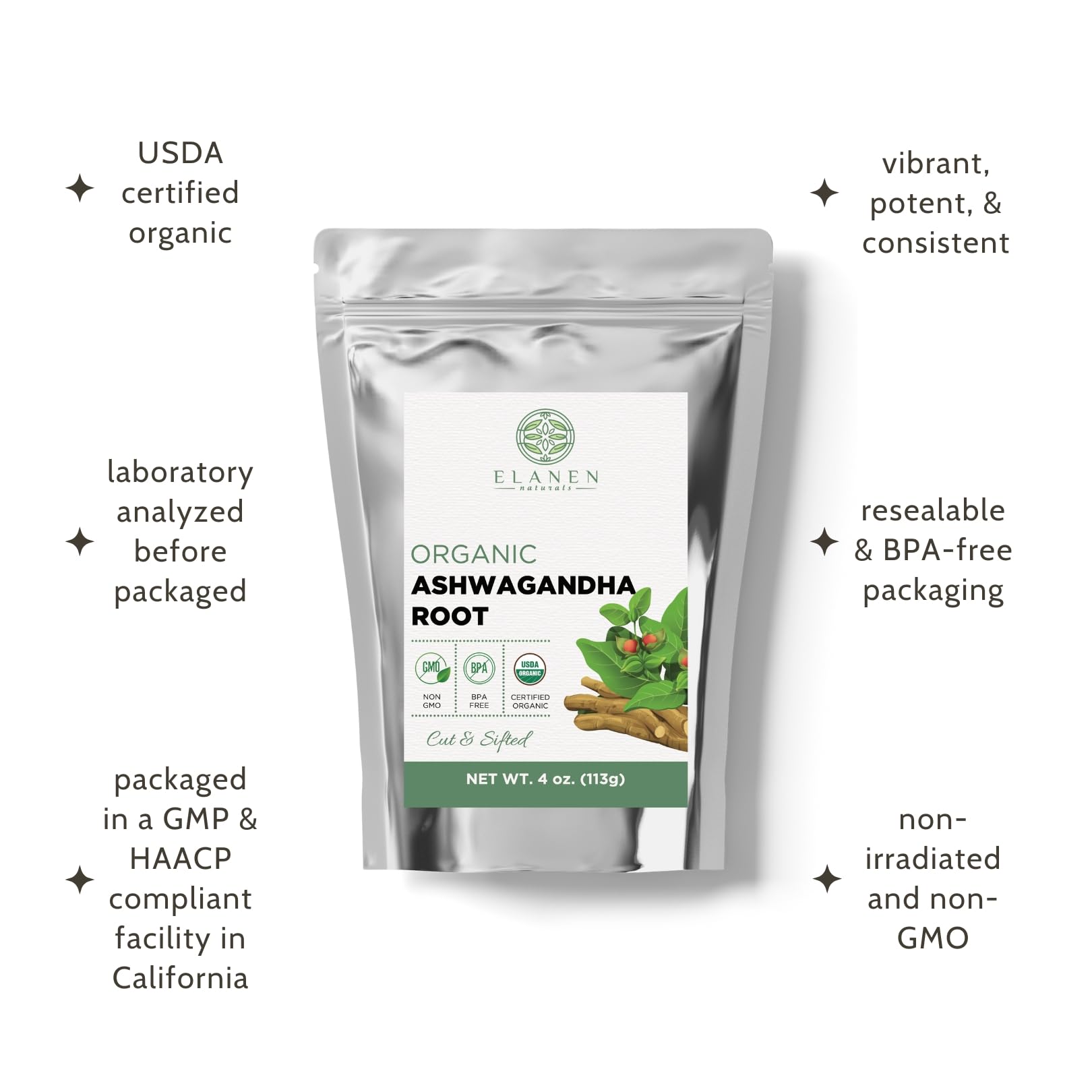 Elanen Naturals Organic Ashwagandha Root 4 oz. (113g), USDA Certified Organic Ashwagandha Root Loose Leaf Tea, Dried Withania somnifera, Cut & Sifted Elanen Naturals Au supplements