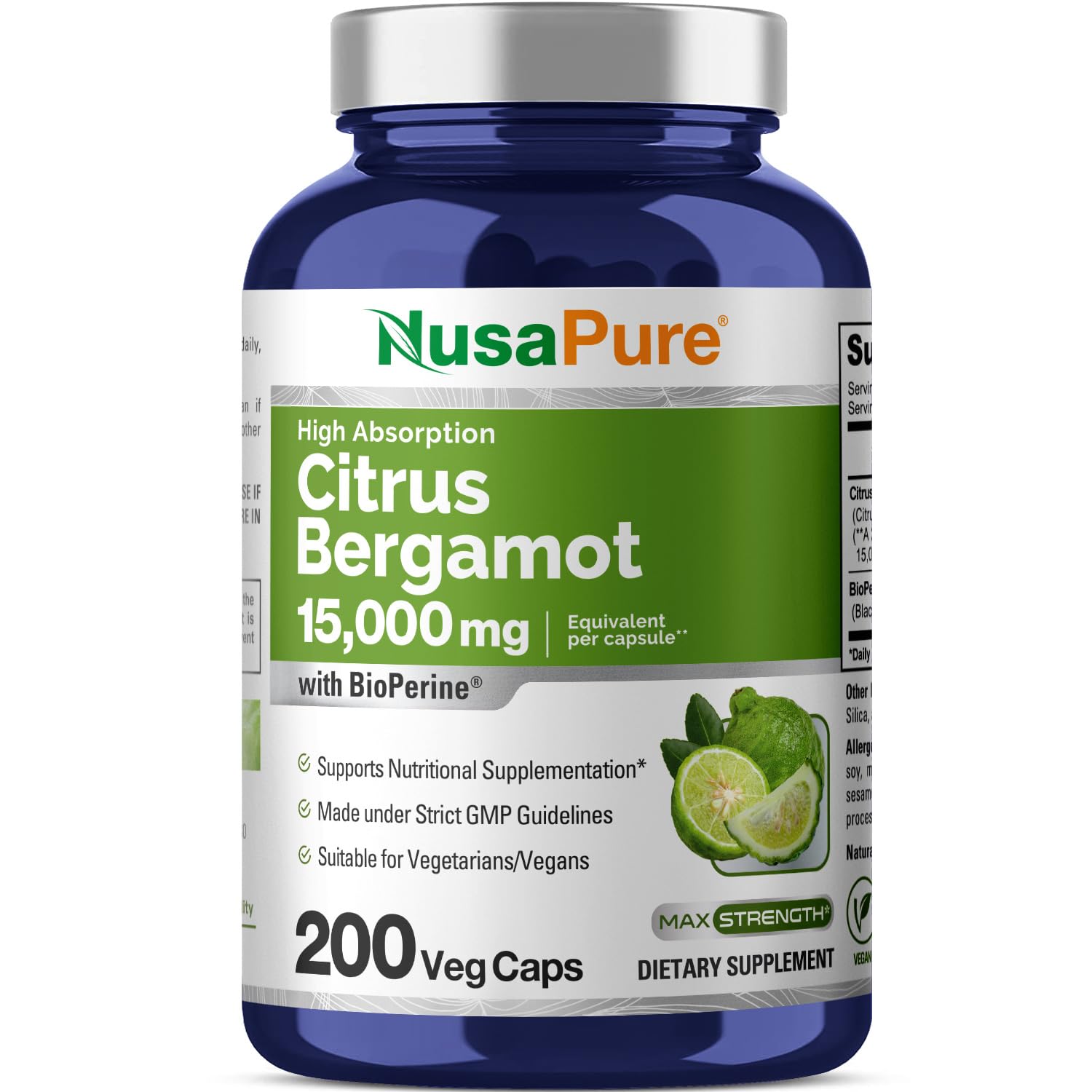 NusaPure Citrus Bergamot Capsules 15,000mg, 200 Capsules - 25:1 Bergamot Extract - 200 Servings, Bioperine, Vegan, Non-GMO NusaPure Au supplements