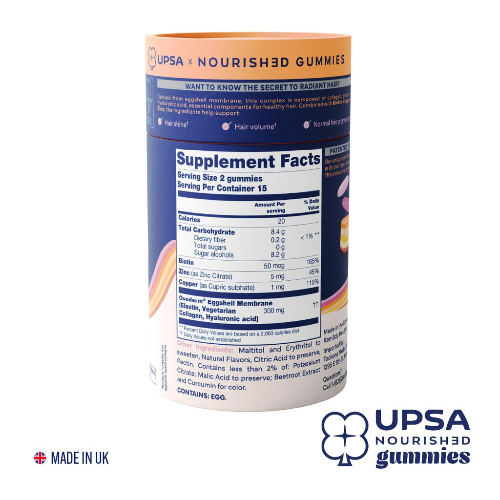 Upsa Nourished Collagen Hair Health 30 Count – Ovoderm® Egg Membrane Complex with Biotin, Zinc & Copper – for Healthy, Shiny & Fuller-Looking Hair
