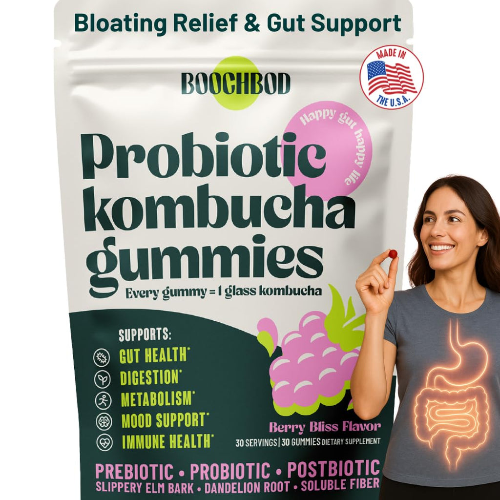 BoochBod - Probiotic Kombucha Gummy - Prebiotics, Probiotics, Postbiotics, Fiber Supplement, Slippery Elm, Dandelion Root