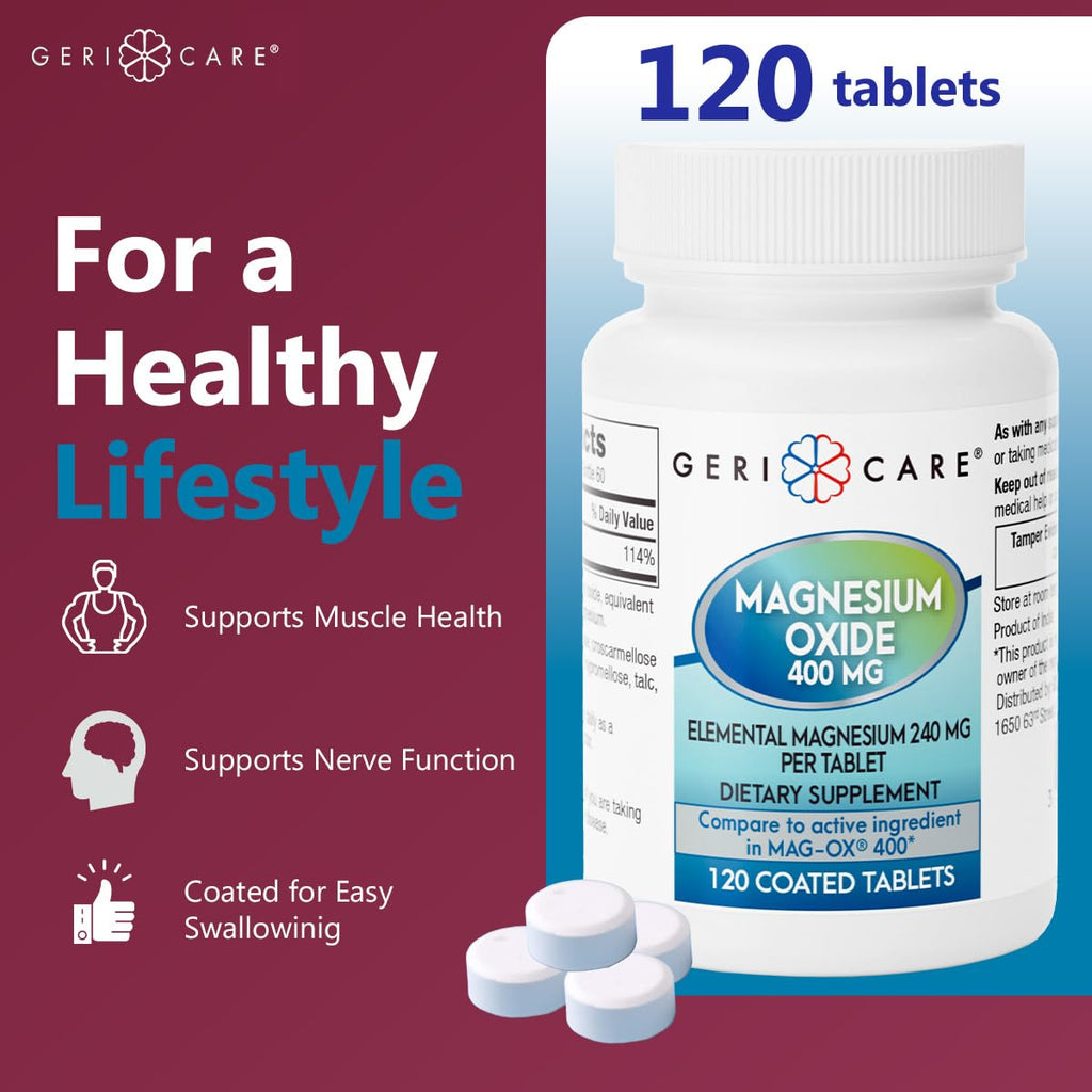 GeriCare Magnesium Oxide Supplement 240 mg of Elemental Magnesium, 120 Tablets, Essential Mineral Support, Promotes Vascular Health, Bone Strength, and Muscle Function (Pack of 1) GeriCare Au supplements