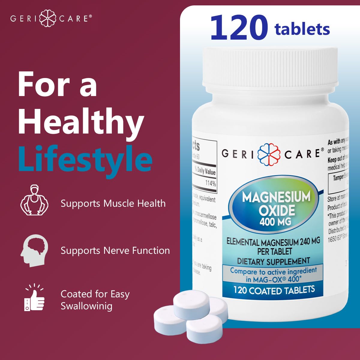 GeriCare Magnesium Oxide Supplement 240 mg of Elemental Magnesium, 120 Tablets, Essential Mineral Support, Promotes Vascular Health, Bone Strength, and Muscle Function (Pack of 1) GeriCare Au supplements