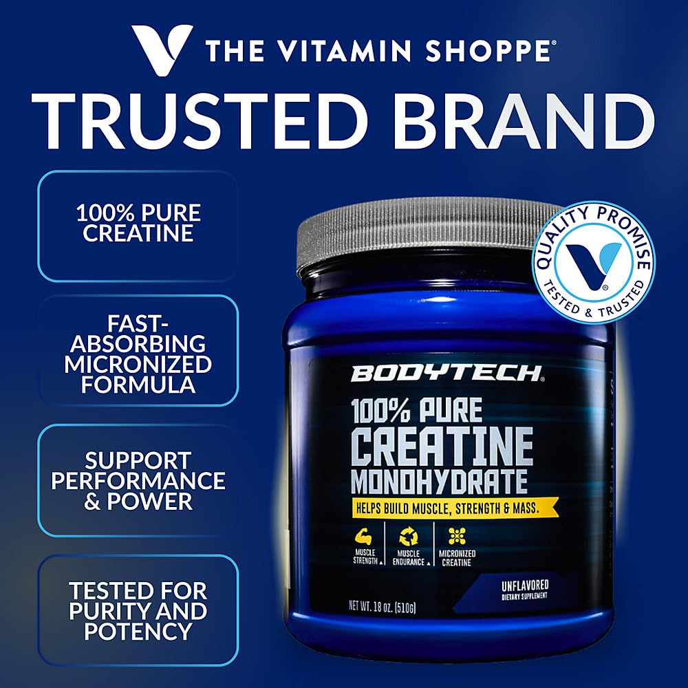 BodyTech Creatine Monohydrate Powder, Unflavored Micronized Creatine Formula for Men and Women, 5g per Serving, Pre Workout & Post Workout Supplement