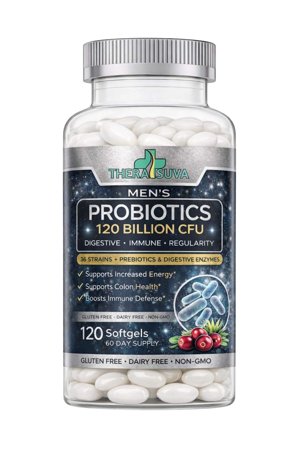 Men’s Advanced Probiotics 120 Billion CFU - 36 Strains + Prebiotics, Enzymes & Veggie Blend for Gut, Immune & Colon Health - 2 Month Supply, 120 Softgels