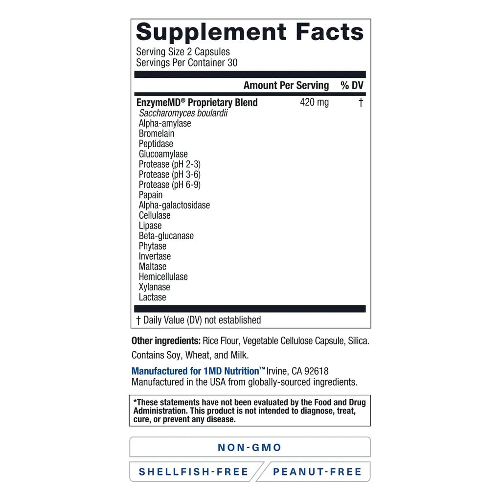 1MD Nutrition EnzymeMD - Digestive Enzymes Supplement - Doctor Formulated | 18 Plant-Based Enzymes - Gas & Bloating Support | 60 Capsules 1MD Nutrition Au supplements