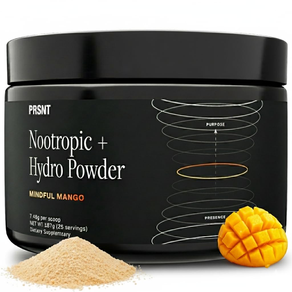 PRSNT Nootropic Focus Powder | Mango 25 Servings | Caffeine-Free, Sugar-Free | Supports Focus, Energy, Mental Clarity | Nootropic + Electrolytes Hydration Focus Drink Mix PRSNT Au supplements
