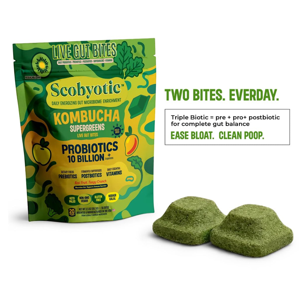 Scobyotic® Kombucha Supergreens Live Gut Bites – 10 Billion CFU Probiotics + Prebiotics & Postbiotics – Kombucha & Supergreens – Freeze-Dried Probiotic Supplement Scobyotic Au supplements
