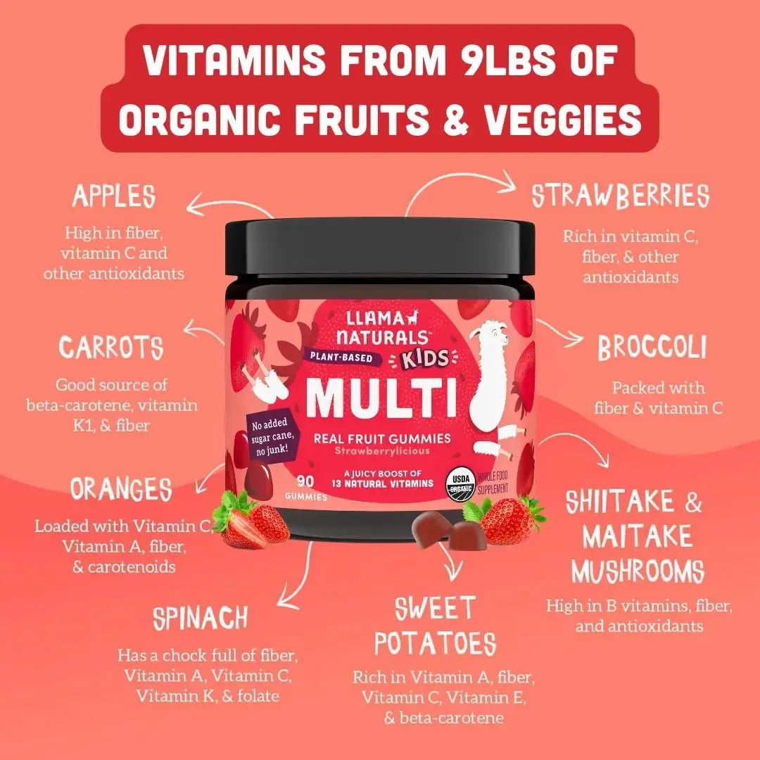 Llama Naturals Kids Multivitamin Gummies | Real Fruit, No Added Sugar Cane | Organic Vegan Toddler Whole Food Vitamins | Llama Naturals Au supplements