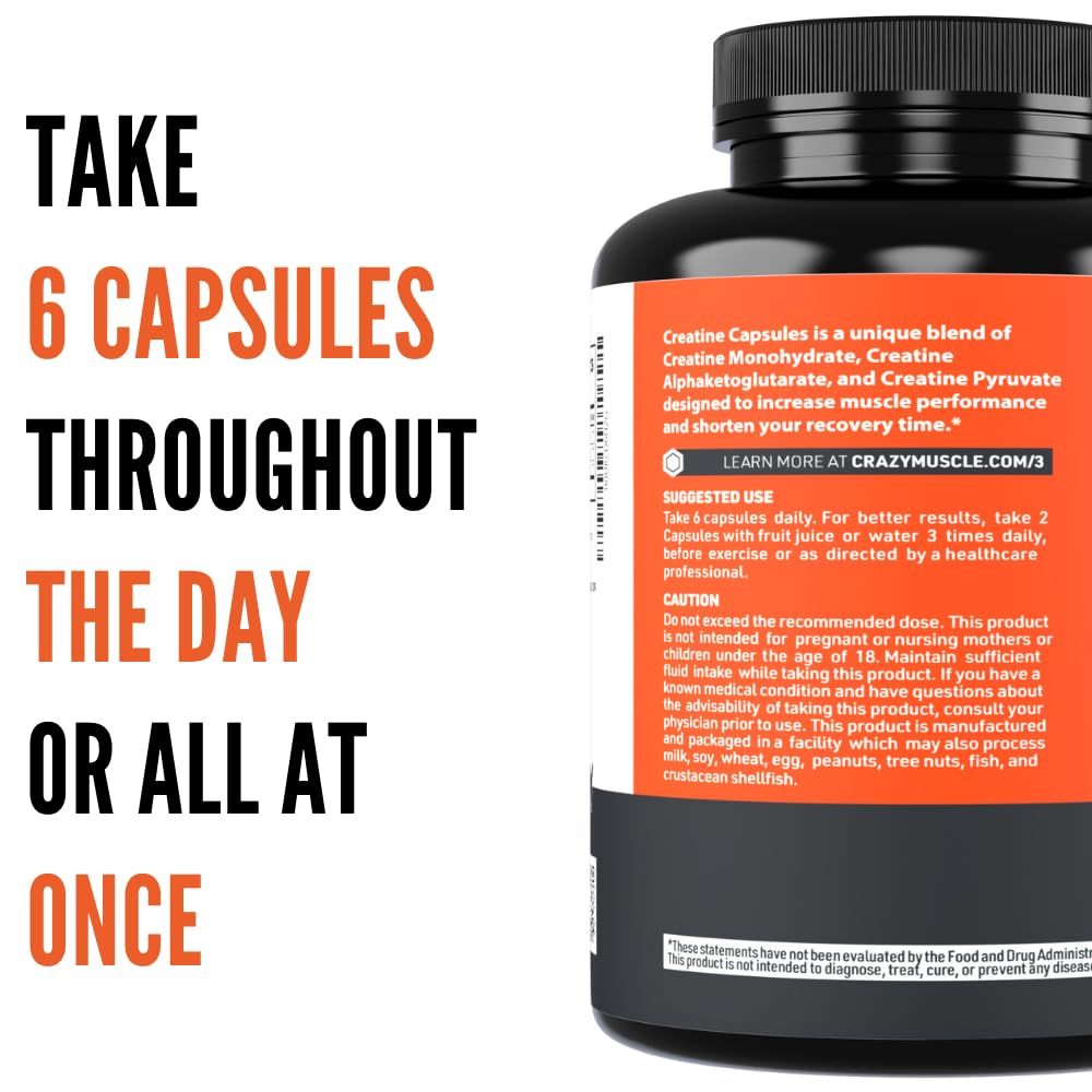 Creatine Capsules, 5g Premium 3X ThreeAtine Pre Workout Bulk Muscle Mass Gainer, High Absorption Easy to Take Creatine Monohydrate Pills Alternative Optimum Performance for Men Women, 180 Capsules Crazy Muscle Au supplements