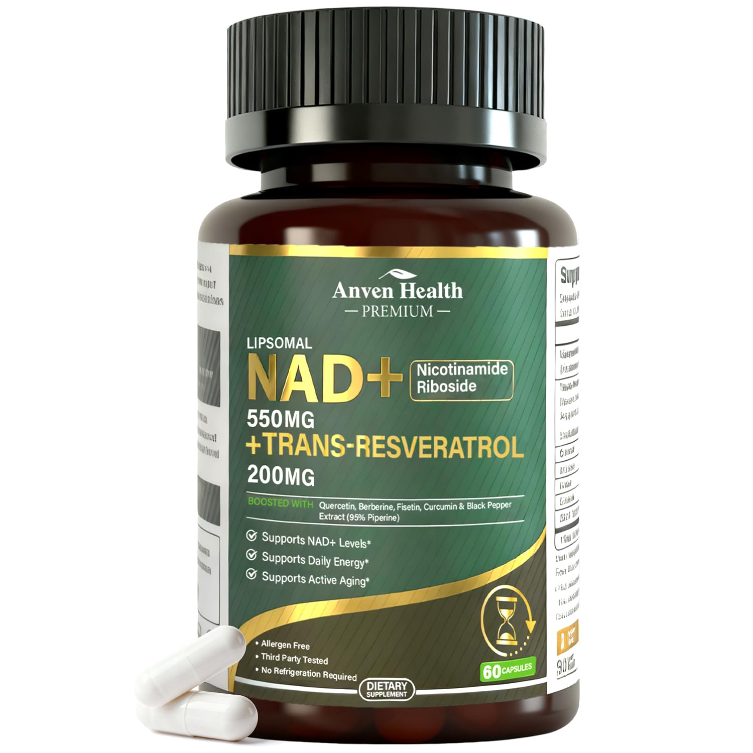 Liposomal NAD+ Resveratrol Supplement - NMN Alternative with Trans-Resveratrol, Quercetin & Fisetin - NAD Plus Booting for Women and Men, Support Cellular Energy & Healthy Aging, Non-GMO | 60 Capsules Anven Health Au supplements