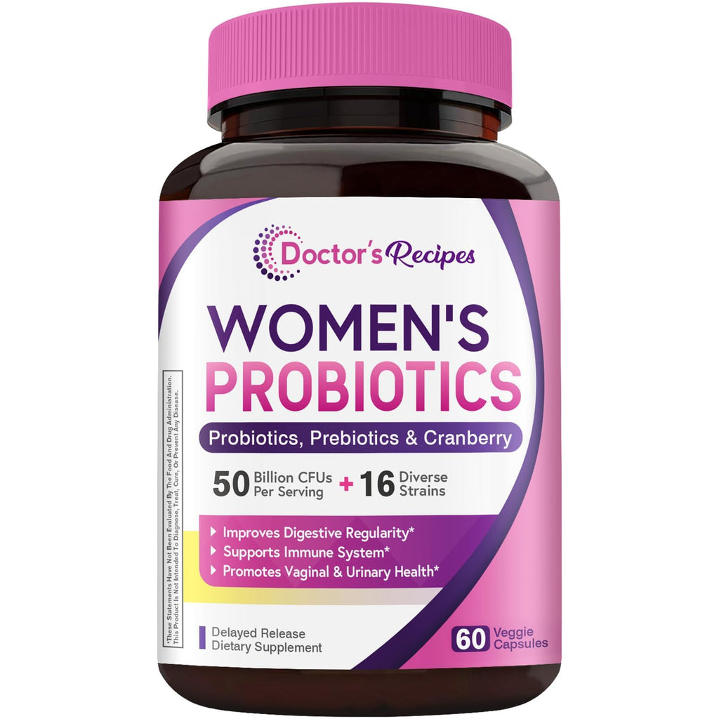 Doctor's Recipes Women's Probiotic, 60 Caps 50 Billion CFU 16 Strains, with Organic Cranberry, Digestive Immune Vaginal & Urinary Health, Shelf Stable