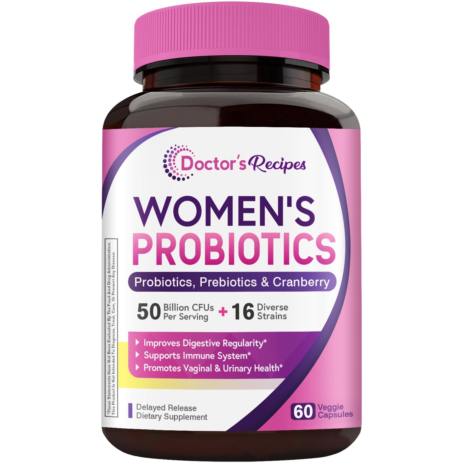 Doctor's Recipes Women's Probiotic, 60 Caps 50 Billion CFU 16 Strains, with Organic Cranberry, Digestive Immune Vaginal & Urinary Health, Shelf Stable