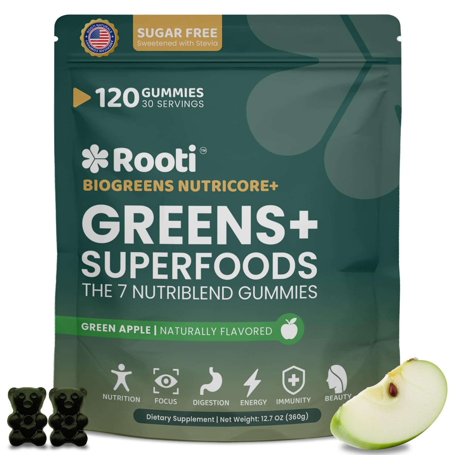 ROOTI Greens + Superfoods Gummies for Adults – 7-in-1 Whole Food Supplement, Spirulina, Lion’s Mane, Probiotics, Fiber & Digestive Enzymes Vegan, Sugar-Free,